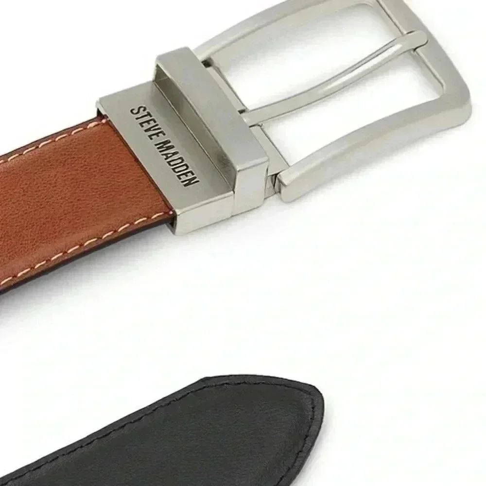 Steve Madden Men’s Dress Black Tan Reversible Belt Silver Tone Buckle NWOT